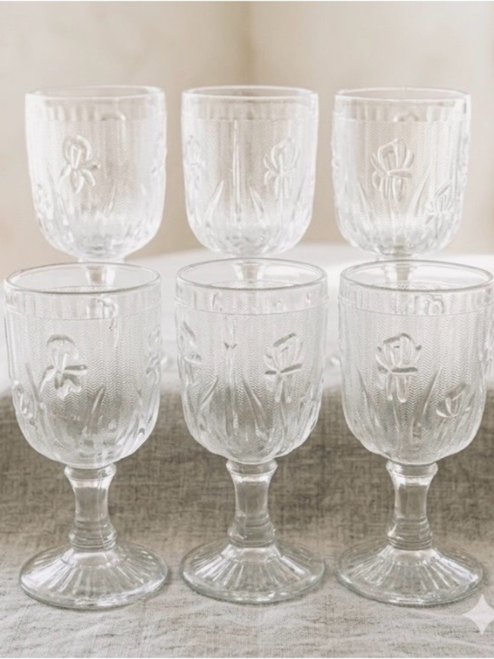 Jeannette Iris & Herringbone Clear Depression Glass 6 Wine Goblets & Plate.